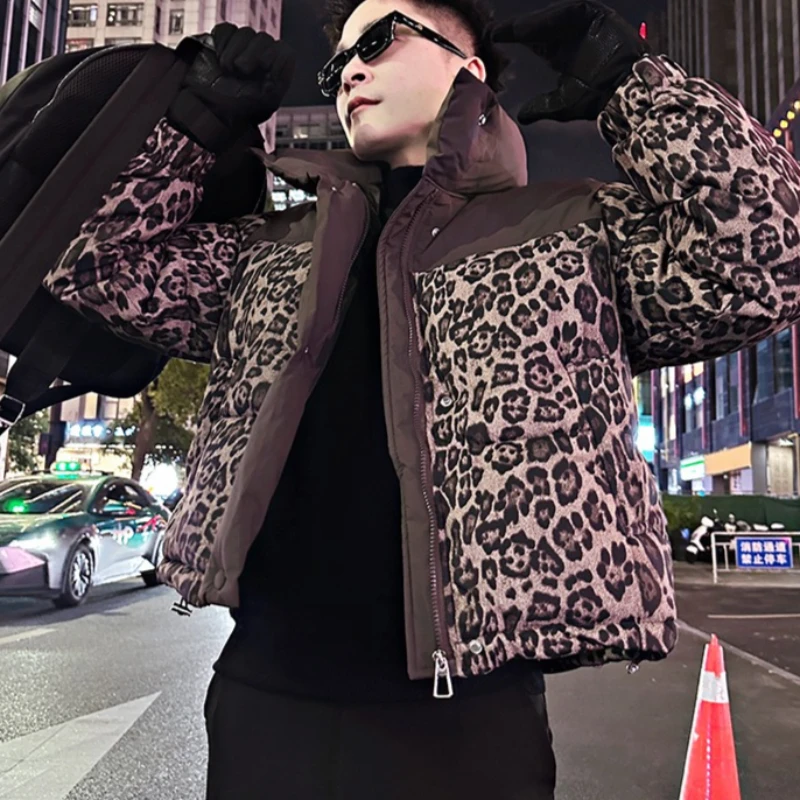 Korean Spliced Leopard Print Cotton Jacket for Men Winter Thick and Warm Casual Parka Coat Social Streetwear Hip Hop Jacket