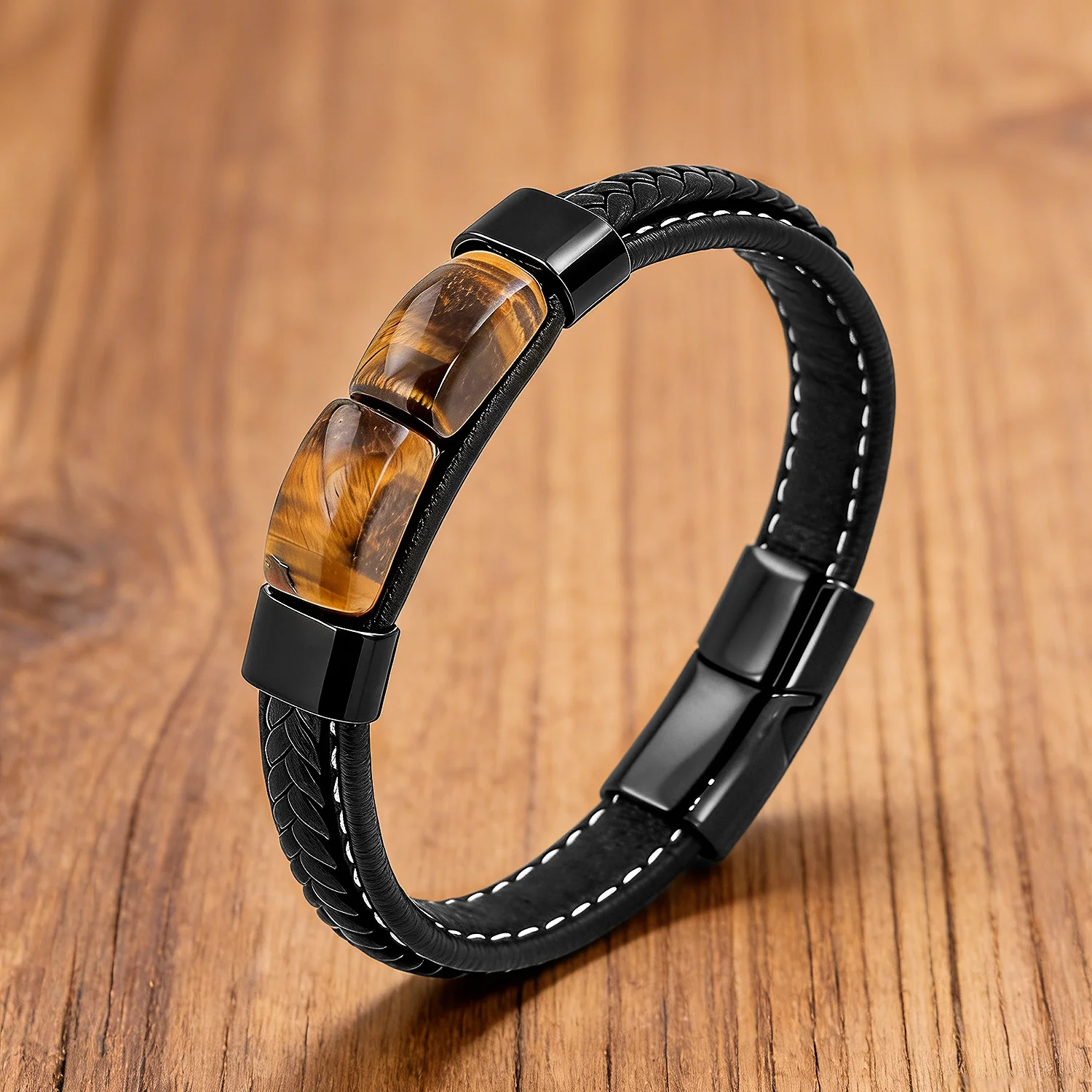 Bracelet en cuir tissé en pierre d'œil de tigre naturel pour hommes et femmes, métal noir, bijoux de luxe à la mode, tendance 2026