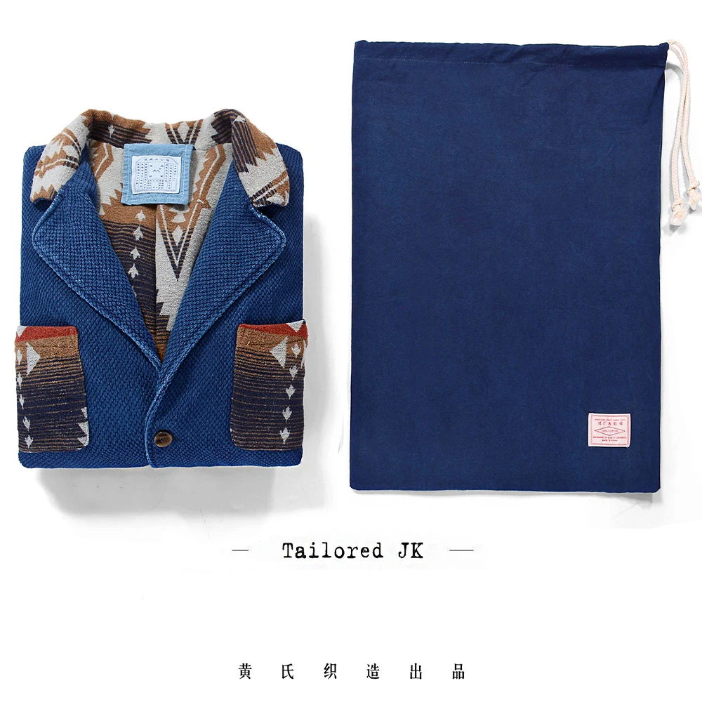 Men's Indigo Multi Pockets Jacket French Retro Blue Dye Lapel Thick Workwear Tooling Cardigan Coat plus Size for Autumn Winter