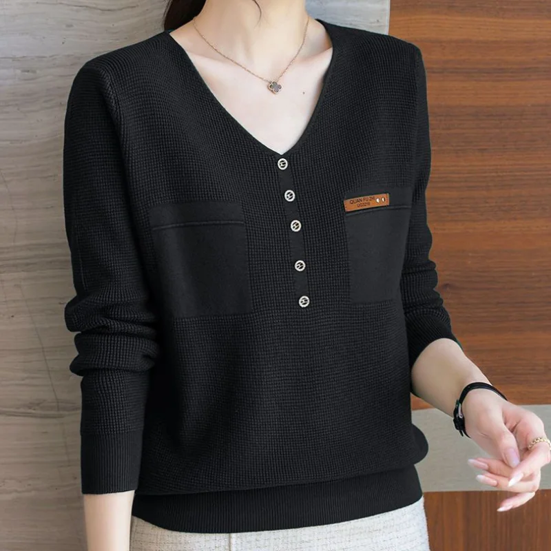 Commuter Versatile Elegant Temperament Women's Top Screw Thread Spliced Button V-Neck Long Sleeve Solid Color Pullover Shirt