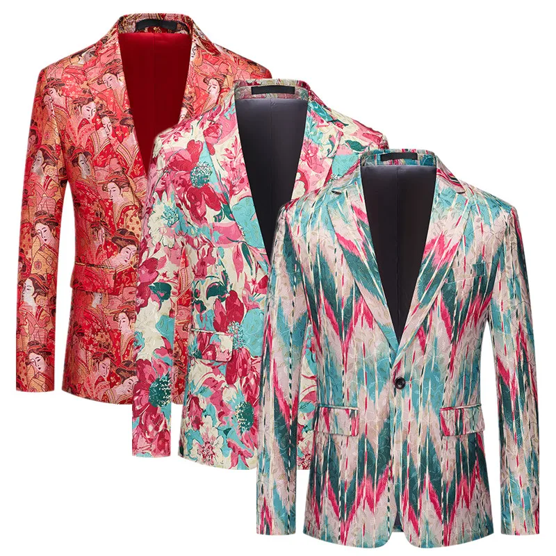 

Men Fashion Colorful Jacquard Blazer with Slim Fit, Vibrant Floral Print, One Button, Perfect for Party/Wedding/Cocktail Events