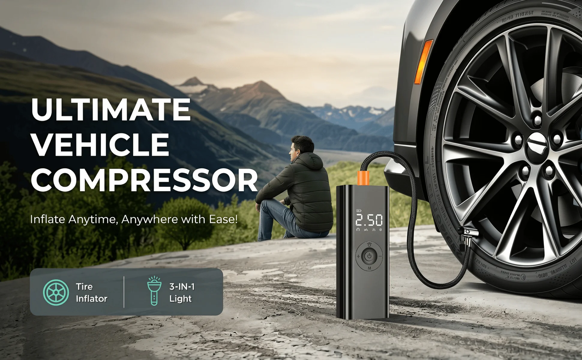 Tragbarer Reifenfüller, 150PSI Kabelloser Reifenkompressor, Intelligente Luftpumpe für Autoreifen & Motorräder mit Auto-Stopp-Funktion – Detail 1