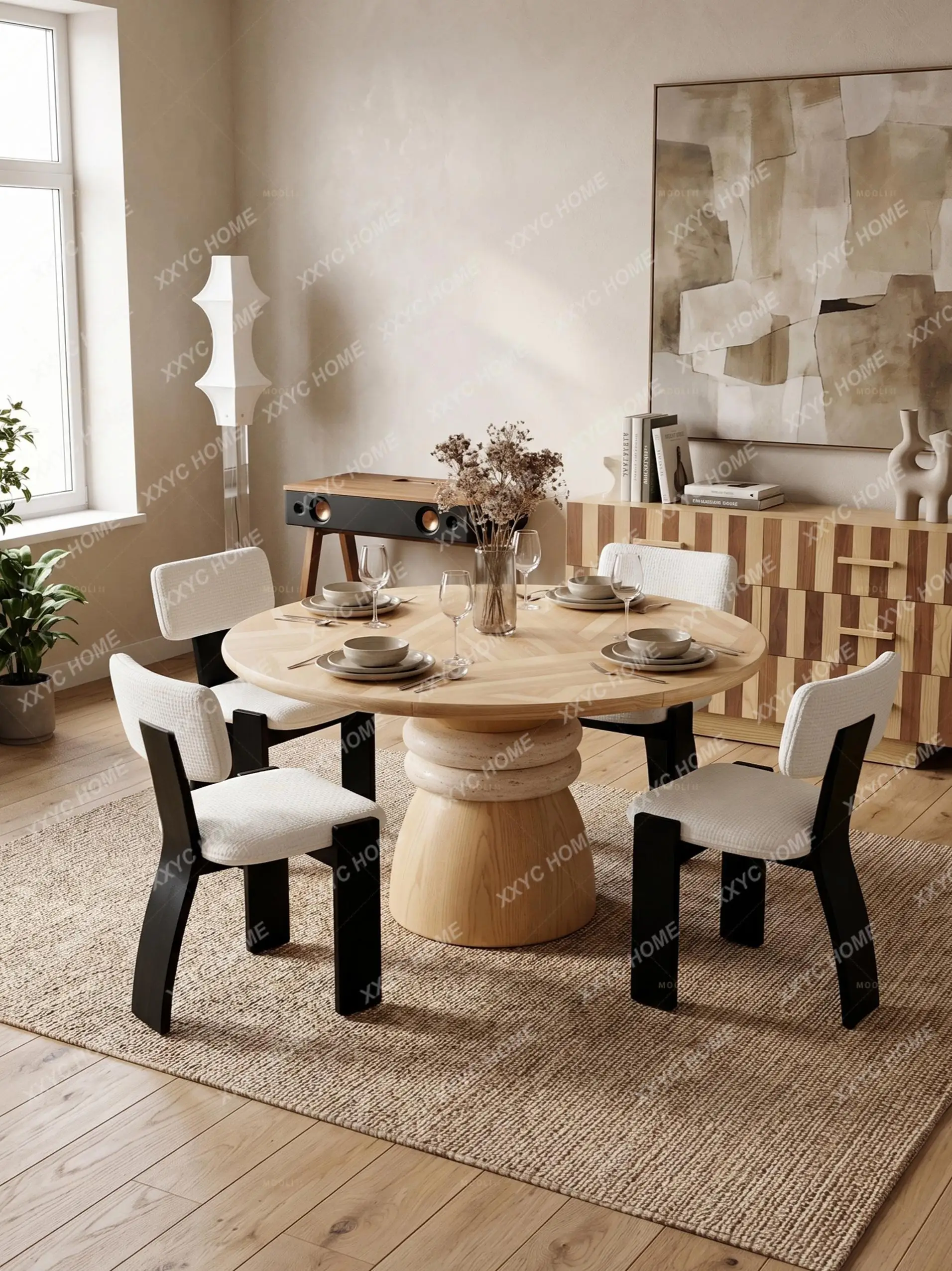 Medieval style travertine dining table household living room modern simple wabi style round dining table and chairs