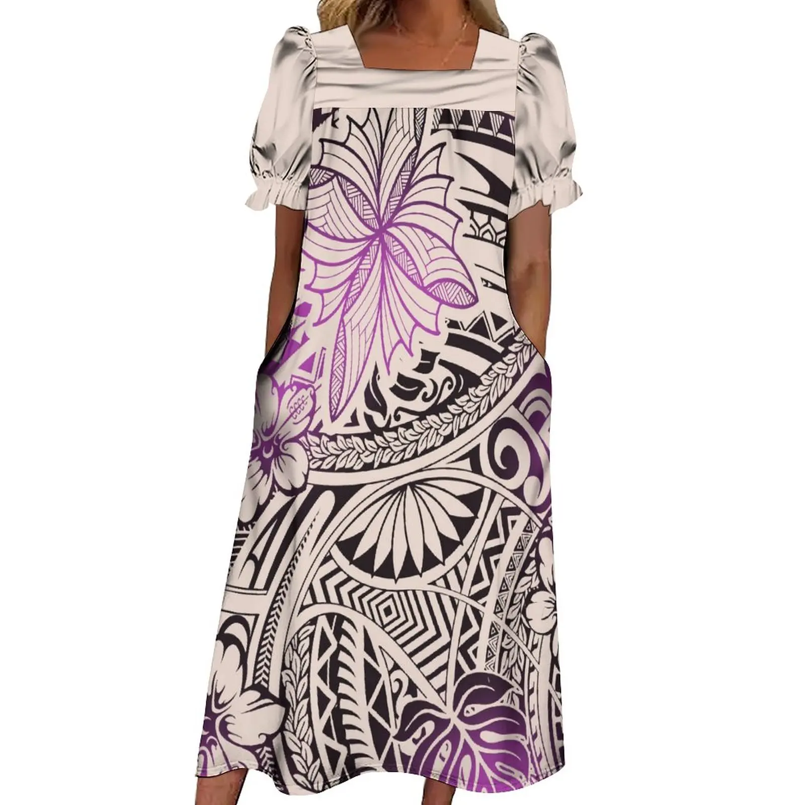 

New Design Large Size 4 Way Stretch Micronesian Mumu Dress Custom Polynesian Tribal Print Puff Sleeve Puffy Dress With Pockets