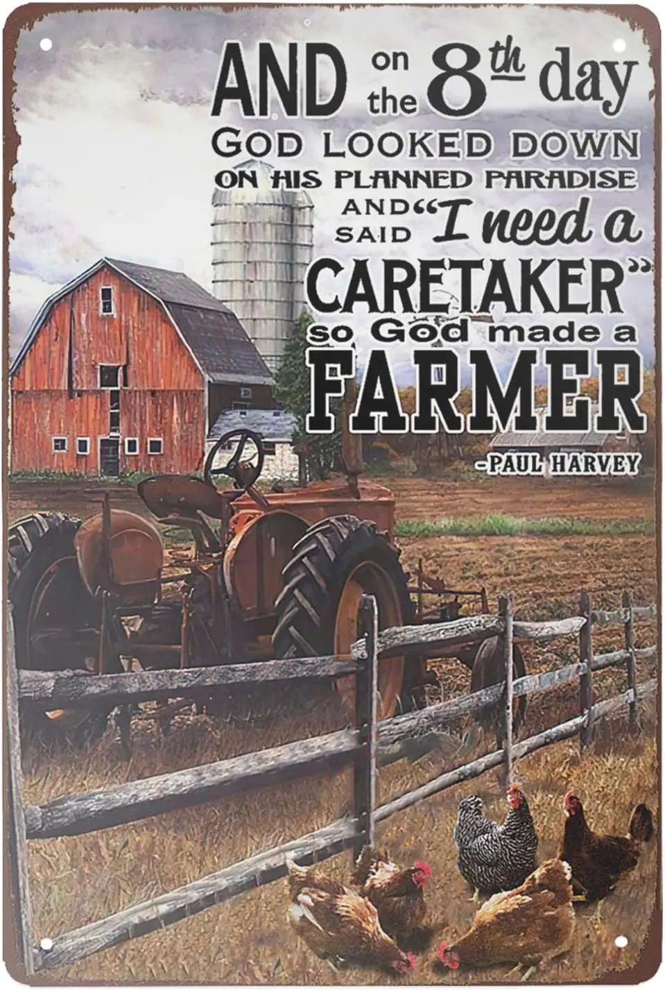 Super durable Tin Sign Tractor and Chickens on The Farm Vintage Decor Farm barn coop Home Wall Decoration Funny Metal Sign 8x12