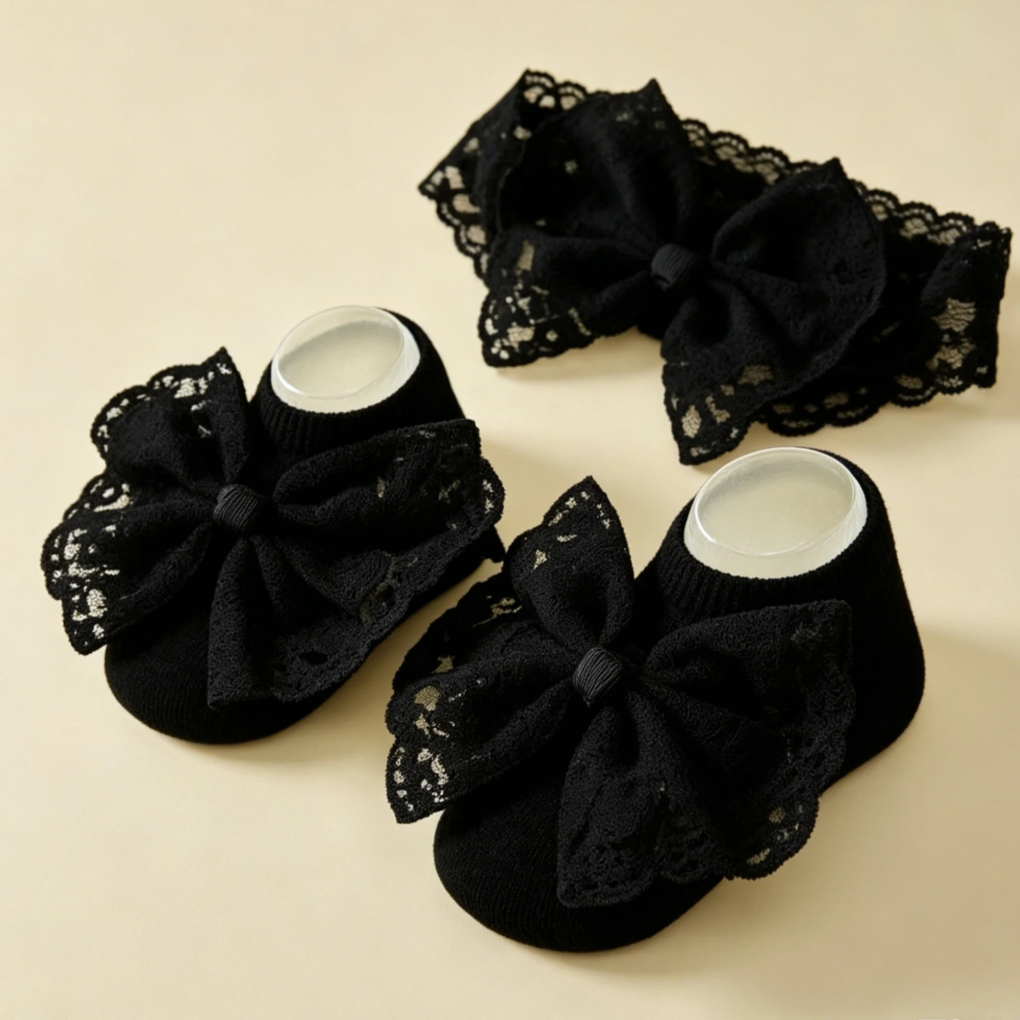 Baby Girl Lace Headband and Socks 2 Pieces Set Non-Slip Socks Soft Hairbands Decorative Bow Princess Ankle Socks