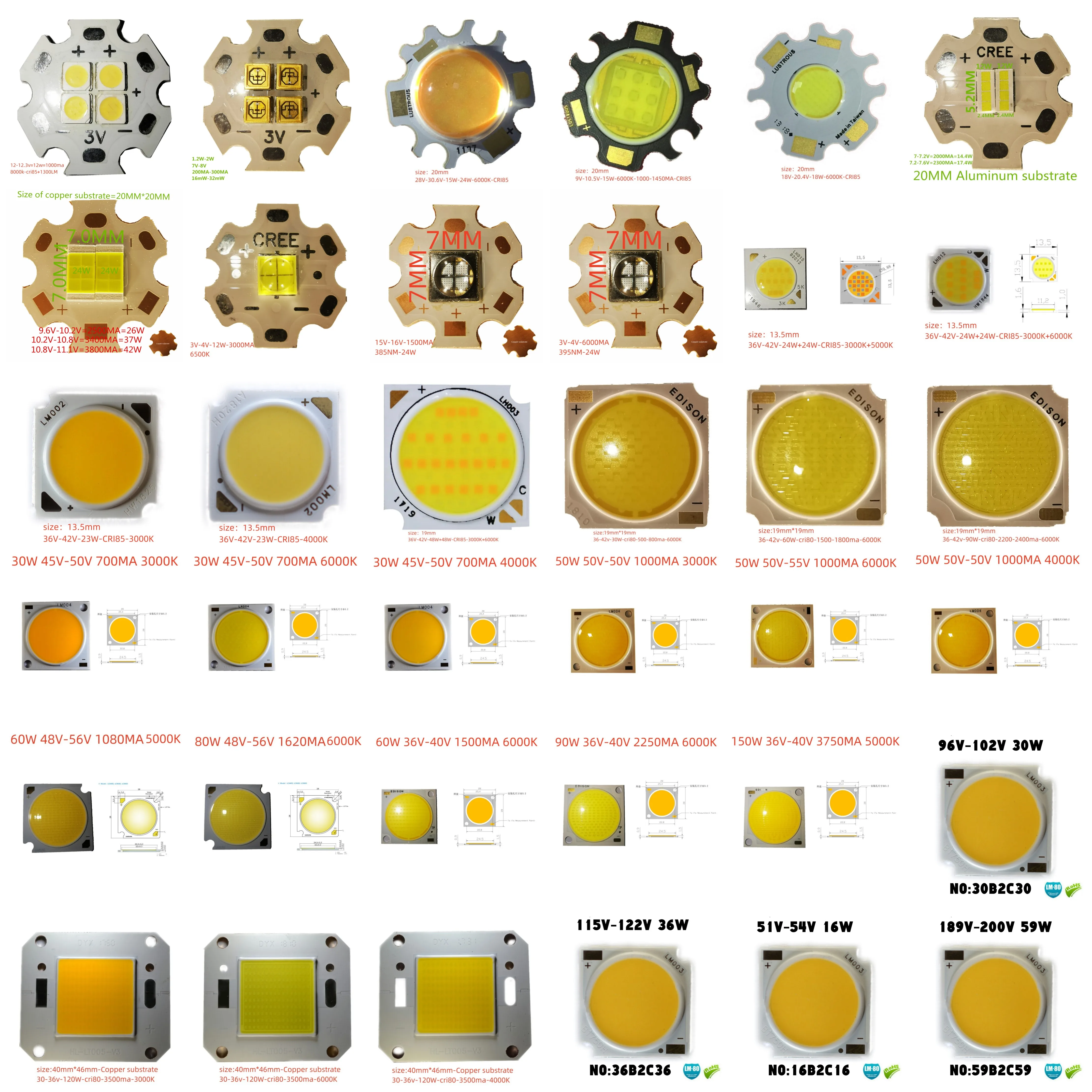 1pcs 30W 40W 50W 150W 2828 1313 High CRI85 COB LED Light-Emitting Diode Chip 1919 LED Ra85 Led Cob LED Bulb Led Track Light