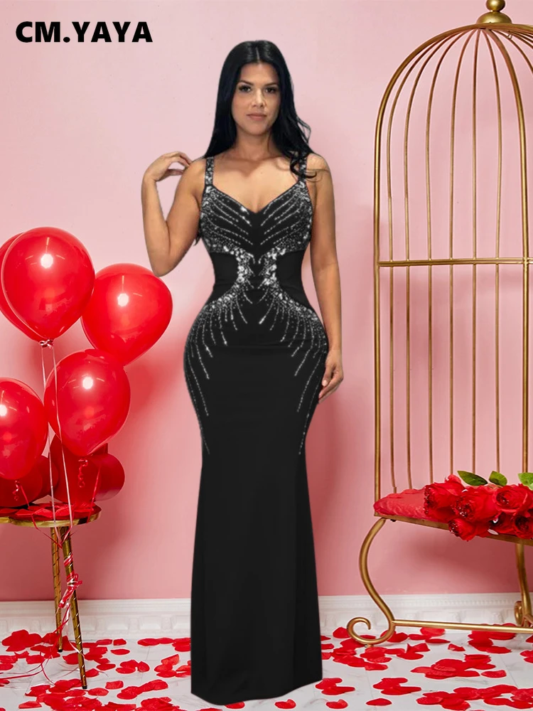 CM.YAYA Fall Diamonds Hot Rhinestones V-neck Women Strap Sleeveless Bodycon Long Dress Birthday Party Evening Prom Maxi Dresses