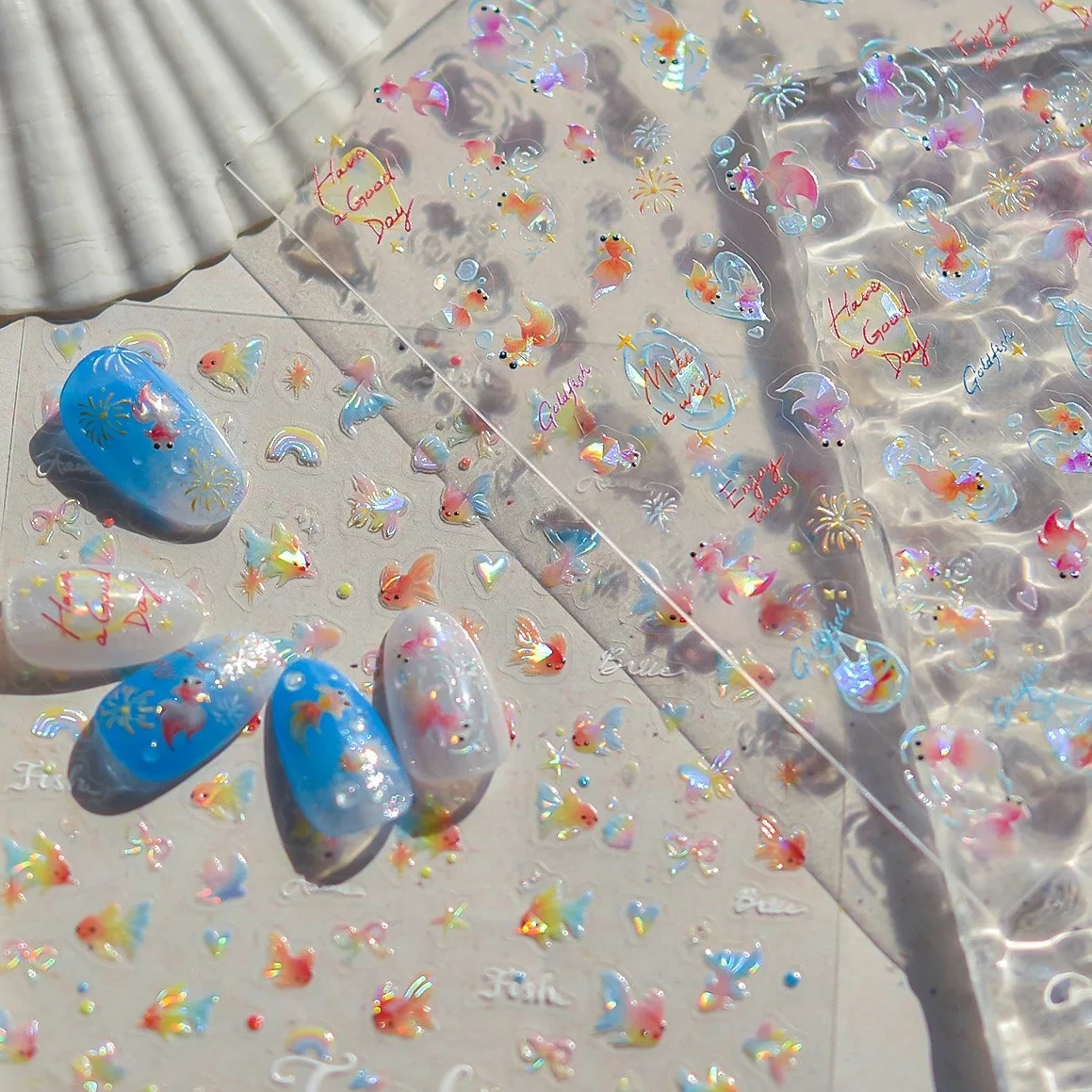 

Shiny Goldfish Bowknot Water Bubbles Starfish Fireworks Plastic Bag Ripple Star Nail Art Decorations Stickers Manicure Decals