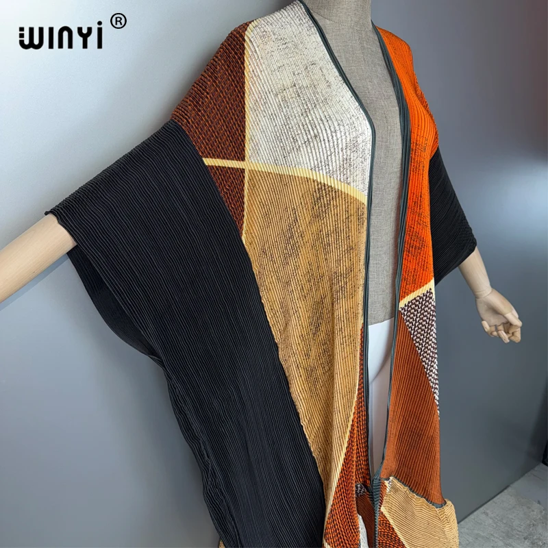 كيمونو نسائي من WINYI بتصميم مطبوع وطيات، معطف طويل، عباية دبي فاخرة، ملابس شاطئية، فستان بوهو، كافتان. 19