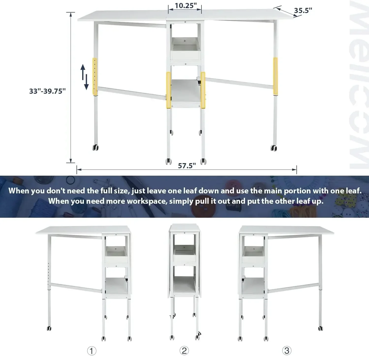 Height Adjustable Craft Table with Storage Shelves, Mobile Folding Cutting Table for Large Fabric, Foldable Table