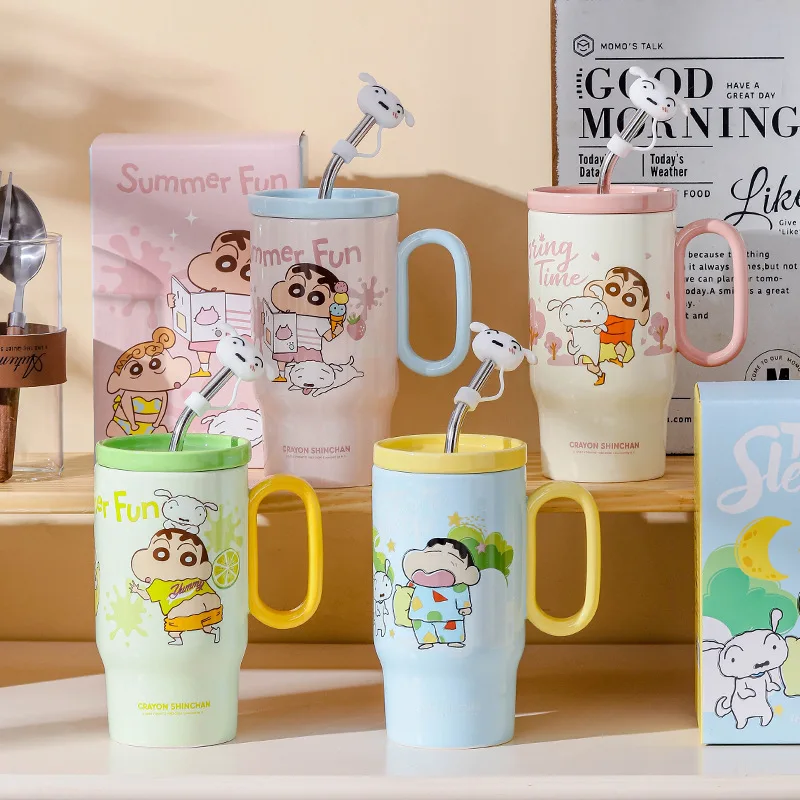 Crayon Shinchan Ceramic Mug with Lid Straw Handle, Large Capacity Creative Unique Cute Coffee Cup, Gift for Home Office Use