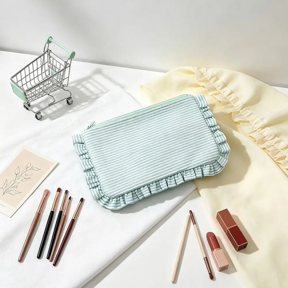 Multi-functional Ruffle Striped Makeup Bag Large Capacity Portable Zipper Handbag Cosmetic Pouch Home&Travel