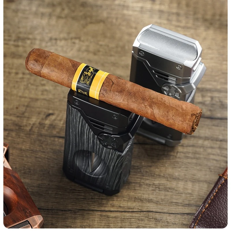 

Four Blue Flame Cigar Lighter V-Smoke Knife Cigar Drilling Rig Anti-hit Fork Visual Ventilation Multifunctional Ignition Lighter