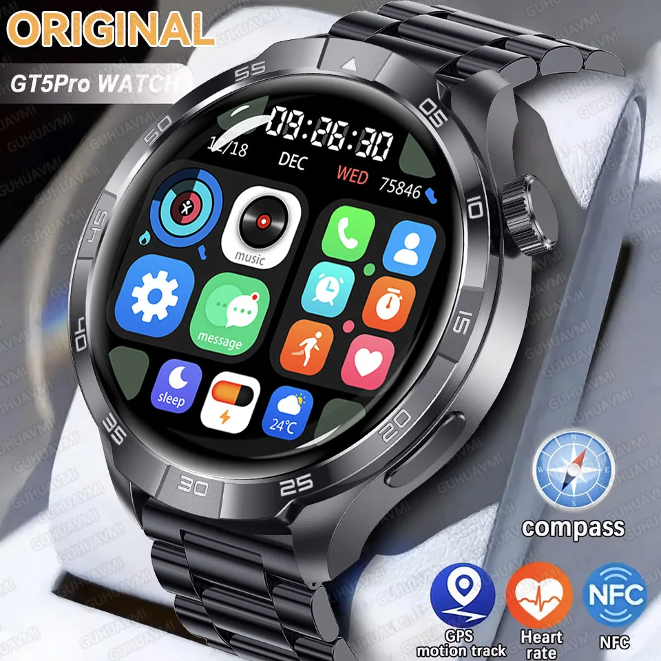 

Новинка 2025 года, часы GT5 Pro, элитные деловые часы, мужские часы с GPS, компасом, NFC, пульсометр, умные часы, спортивный фитнес, водонепроницаемый браслет