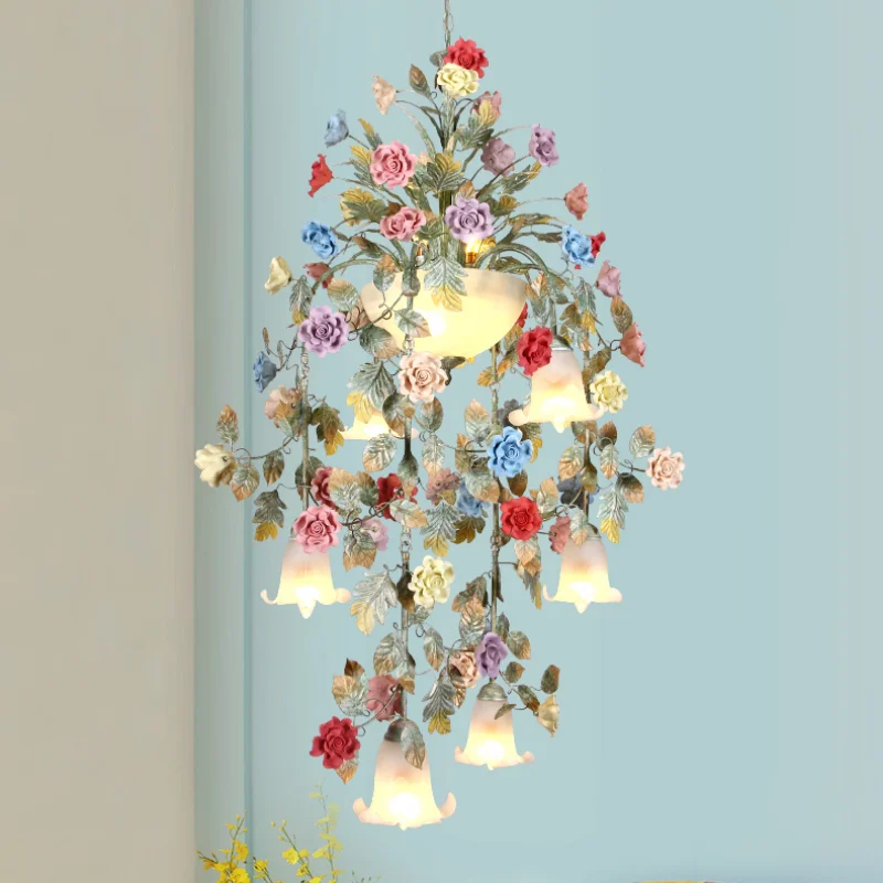 

Art Floral Chandelier lamp Lustre Light 7L/10L Colorful Ceramic Rose Pendant Chandelier Light Fixture E14 LED AC Home Decoration