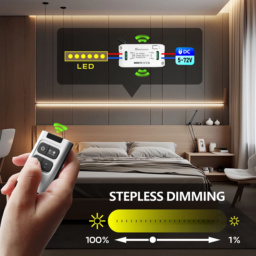 RF 433Mhz Wireless Remote Control Dimmer Light Switch DC 5V 6V 12V 24V 36V 72V Mini Receiver for Light LED Brightness Adjustment