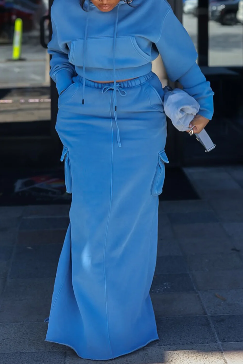 Plus Size Daily Blue Hooded Long Sleeve Cargo Casual Pocket Two Piece Skirt Sets
