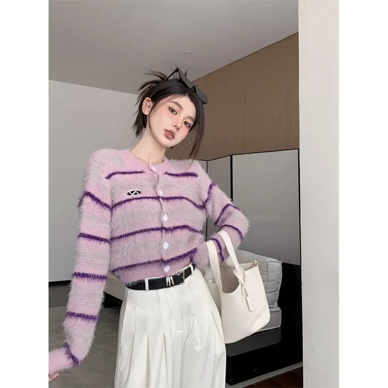 

Soft Imitation Mink Velvet Knitted Cardigans Women Autumn and Winter New Vintage Striped Short Slim Girls Cardigan Female