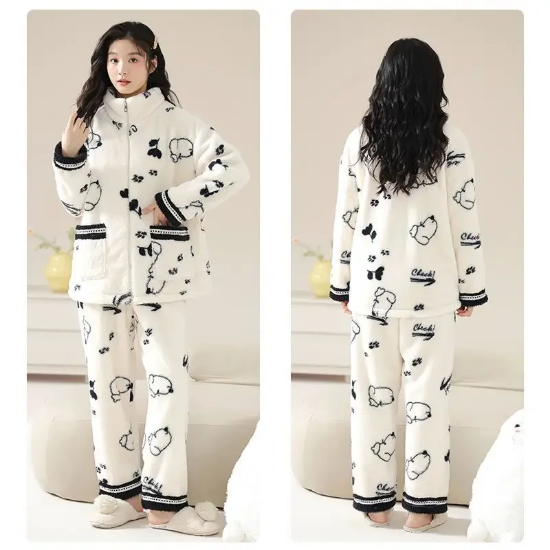 秋冬ガール暖かいインターネット有名人ホームウェアセットフランネルパジャマ韓国語バージョン女性プラスフリース厚い豪華なパジャマ