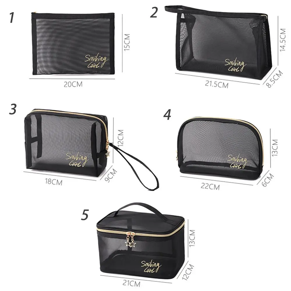 1/5Pcs Black Women Mesh Cosmetic Bag Travel Organizer Large Capacity Portable Toiletry Bags Makeup Pouch