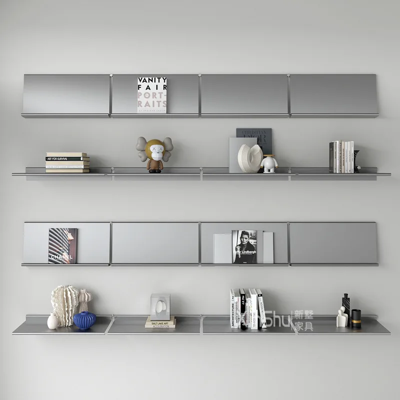 Wall stainless steel shelf bookshelf one-word shelf living room background wall advanced decorative display storage rack