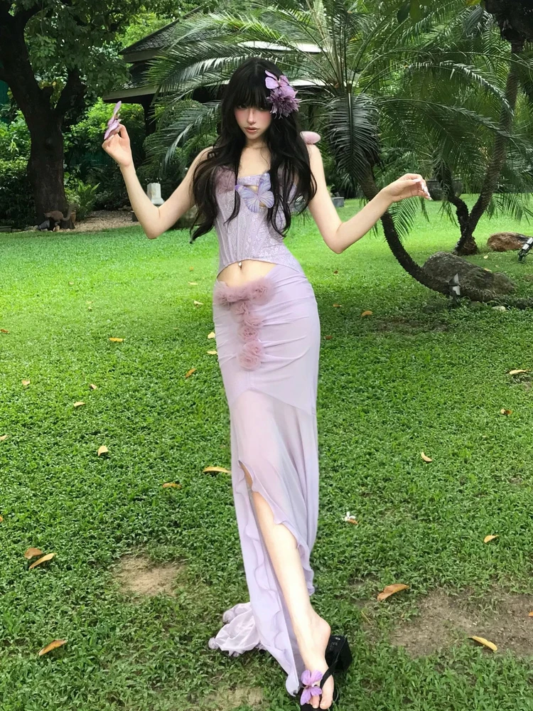 

Outfit Studio Holiday Sle Purple Me Waist-Cinching Dr Women's 3D Flower Embellied Slimming Long Skirt Suit