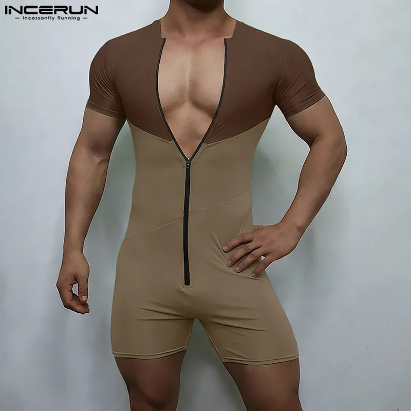 

INCERUN Men Bodysuits Patchwork Color-block Zipper Short Sleeve Male Rompers Streetwear Playsuits 2026 Summer Casual Bodysuit