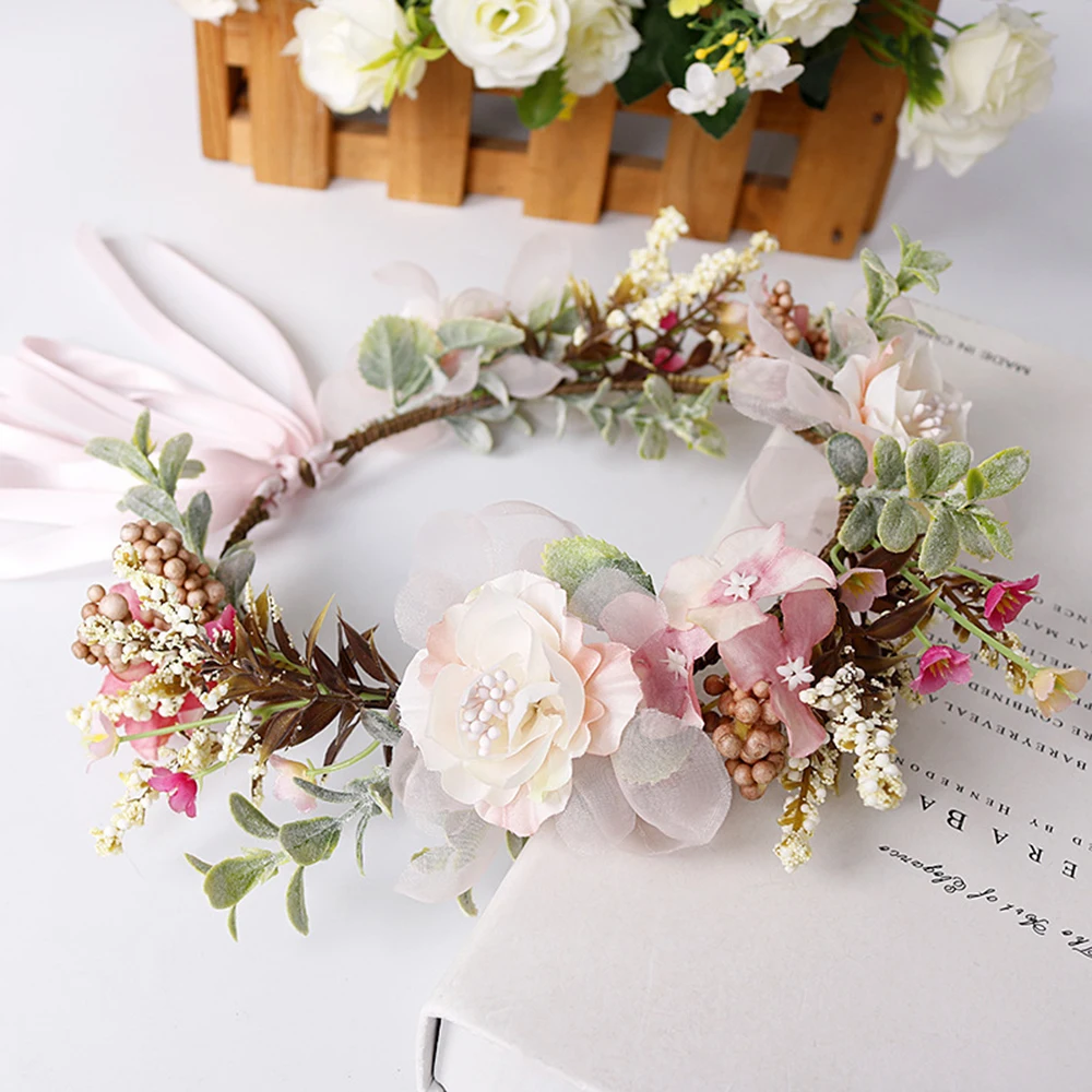 Guirnalda de flores de simulación, cinta para el pelo, decoración de Noiva, diadema para fiestas de boda, corona nupcial, corona de flores