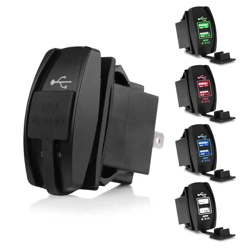 12/24V 5V 3.1A dual USB car charger socket power socket adapter 2-port marine motorcycle rocker switch with LED