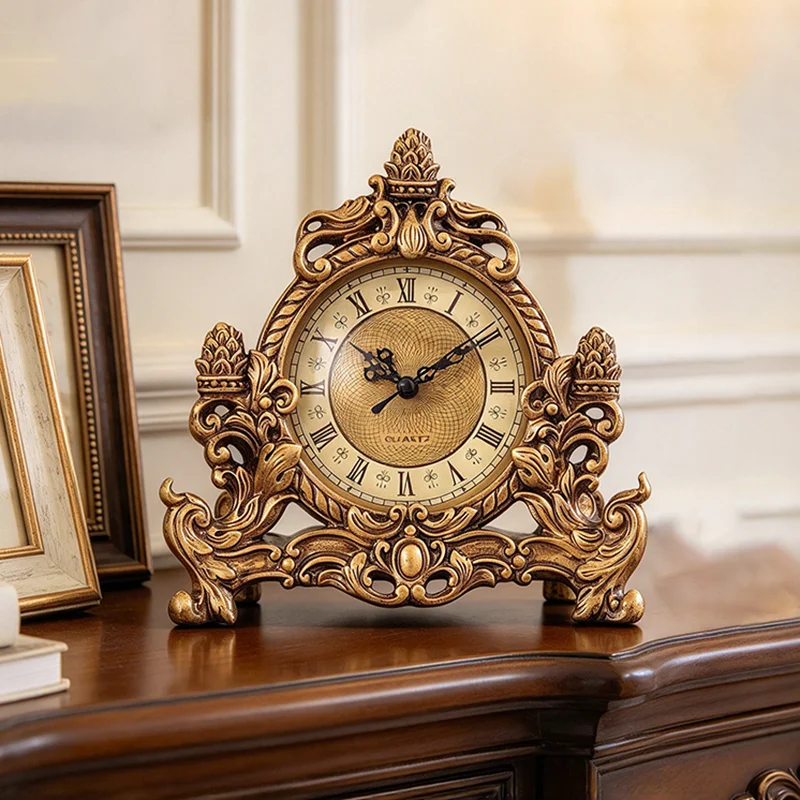 Retro Desk Clock Luxury Creative Table Clocks Living Room Study Decorative Desktop Clock Resin Silent Home Decor Quartz Clocks