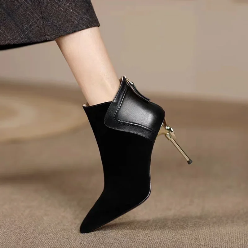 2024 Autumn Women Ankle Boots Elegant Brown Suede Short Botas Mixed Leather Iron Thin High Heels Black Botines Femininos Zapatos