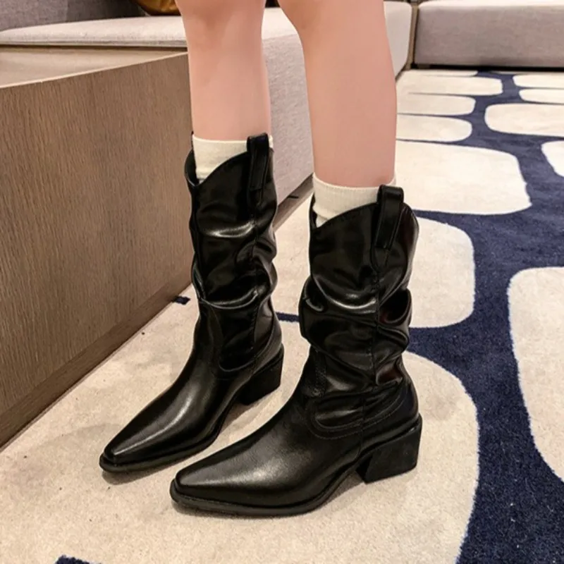 

High Quality Women's Boots Fashion Pointed Mid-calf Boots Temperament Chelsea Boot Pleated Leather Boots for Women Knight Botas