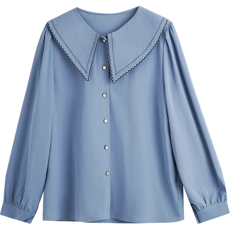 OLrain Franse Stijl Blauw Vrouwen Shirt 2023 Herfst Kantoor Dame Losse Geborduurde Revers Pofmouwen Elegante Blouses O22QC00812