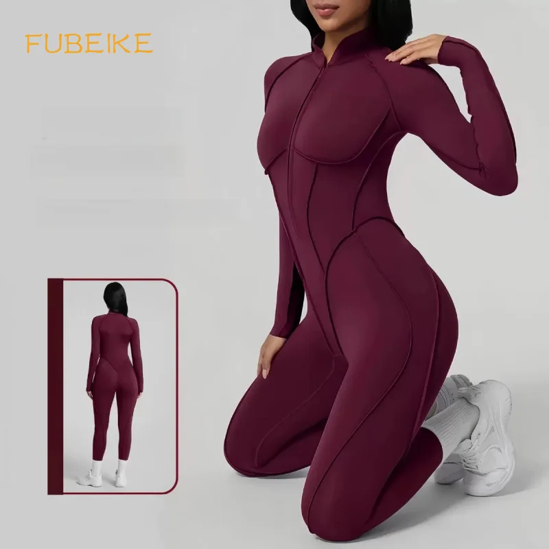 Nude Feel Yoga Sporty Jumpsuit Woman Outer Wear Tight Breathable Fitness Bodysuit Long Sleeve Zipper Sports Sportswear Woman Gym