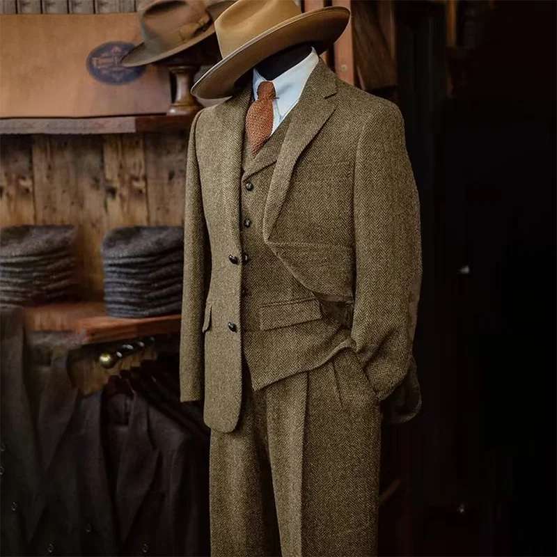 Heren driedelig pak visgraatpatroon enkele rij knopen slim fit pakken voor mannen pak set luxe 2025, kostuums man formele pakken