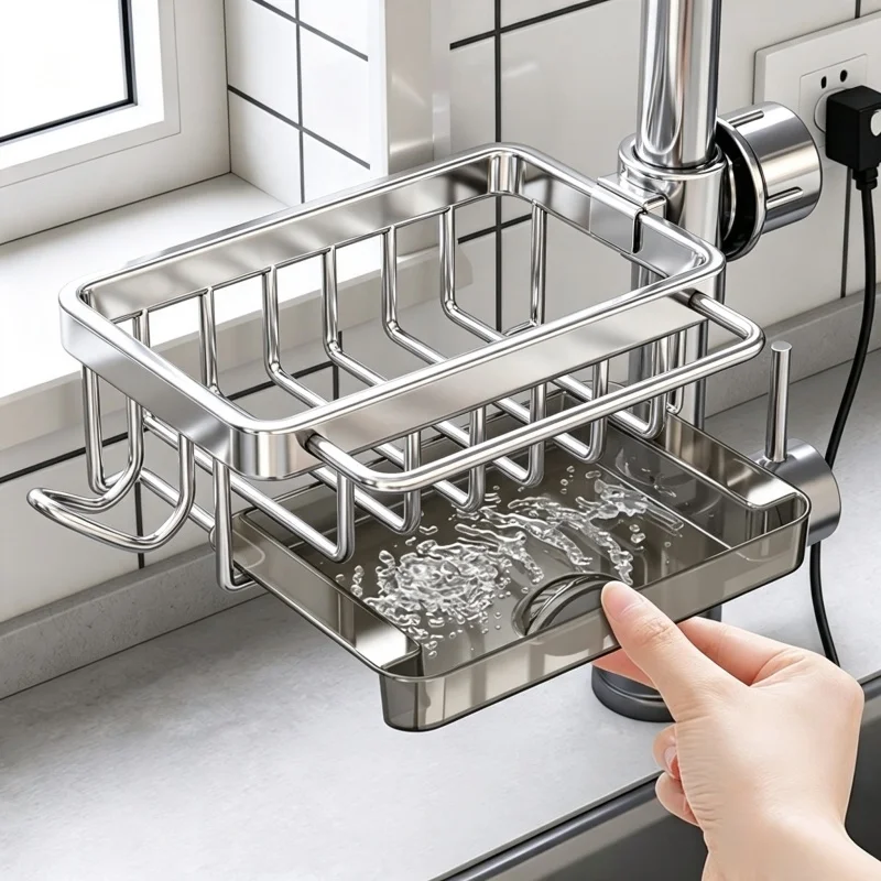 Bright Silver Kitchen Sink Storage Rack, Faucet Sink Caddy for Steel Wool, Dishcloth and Cleaning Supplies