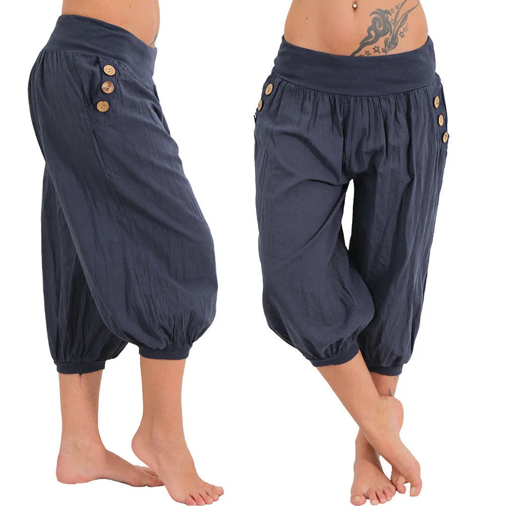 

Women Summer New Aladdin Casual Shorts High Elastic Waist Loose-Fit Draped Effect Cropped Length Short Pants