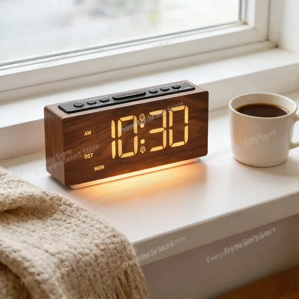 Modern Minimalist Digital LED Wooden Alarm Clock ‑ Adjustable Brightness Night‑Light & Snooze Feature for Bedroom Accent