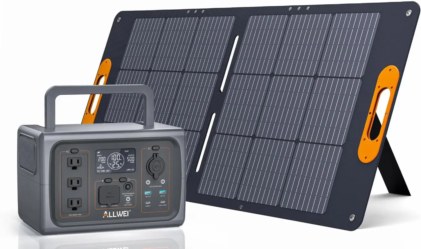 

Solar Generator with 100W Solar Panel, 500W(Surge 1000W) Portable Power Station with UPS Function, 3 AC Outlets