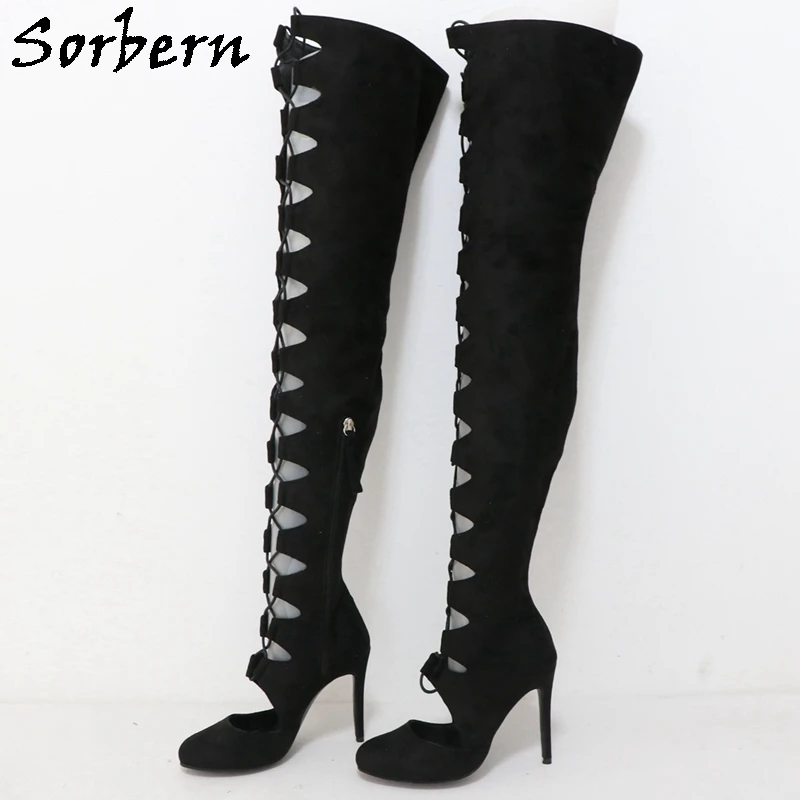 Sorbern Black Flock Mid Thigh High Boots Women Round Toe Stilettos High Heel Lace Up Hollow Out Front Over The Knee Boot Custom