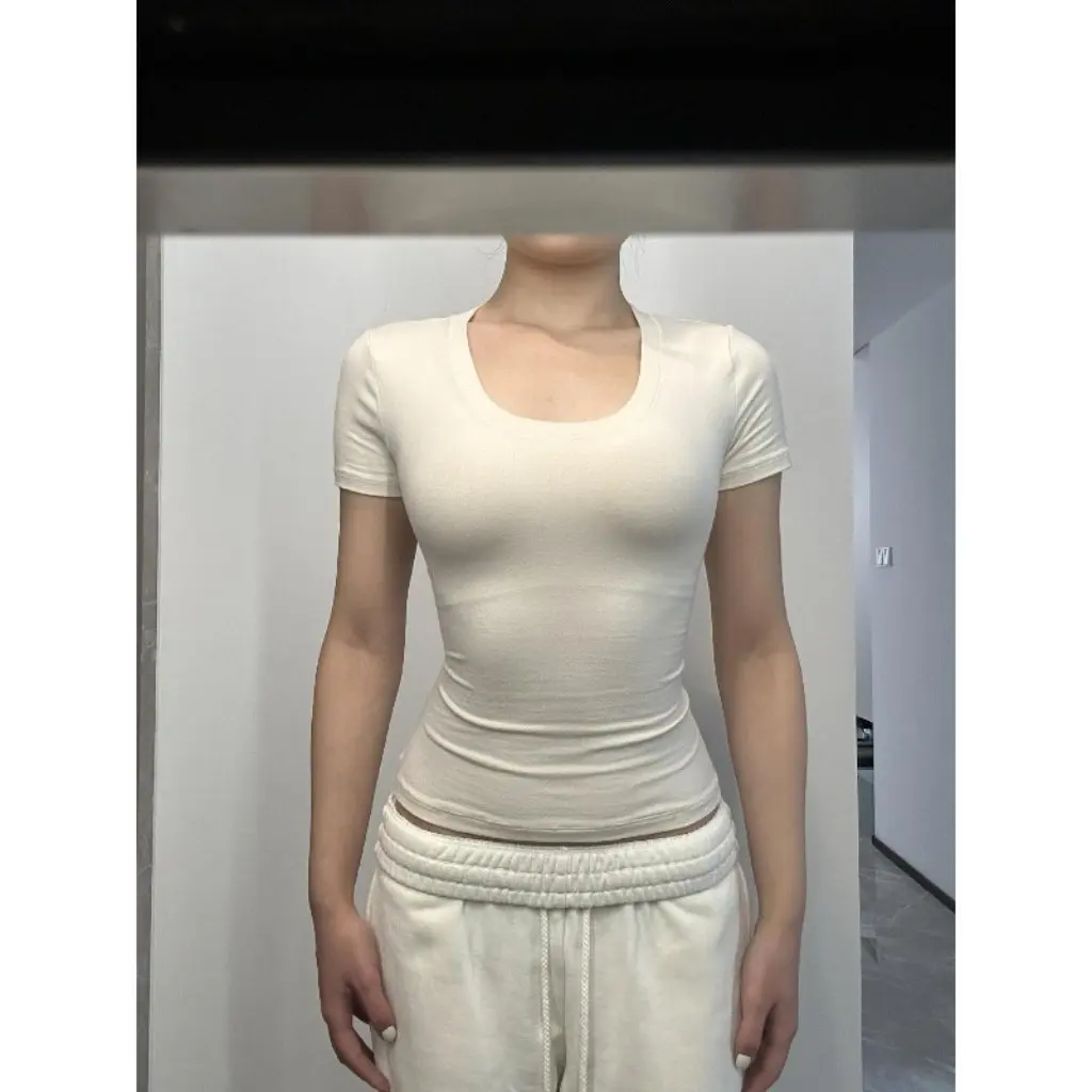 

American Hot Girl Women's U-Shoulder Short-Sleeved T-Shirt Slim-Fit Base Shirt for Summer Inner Top