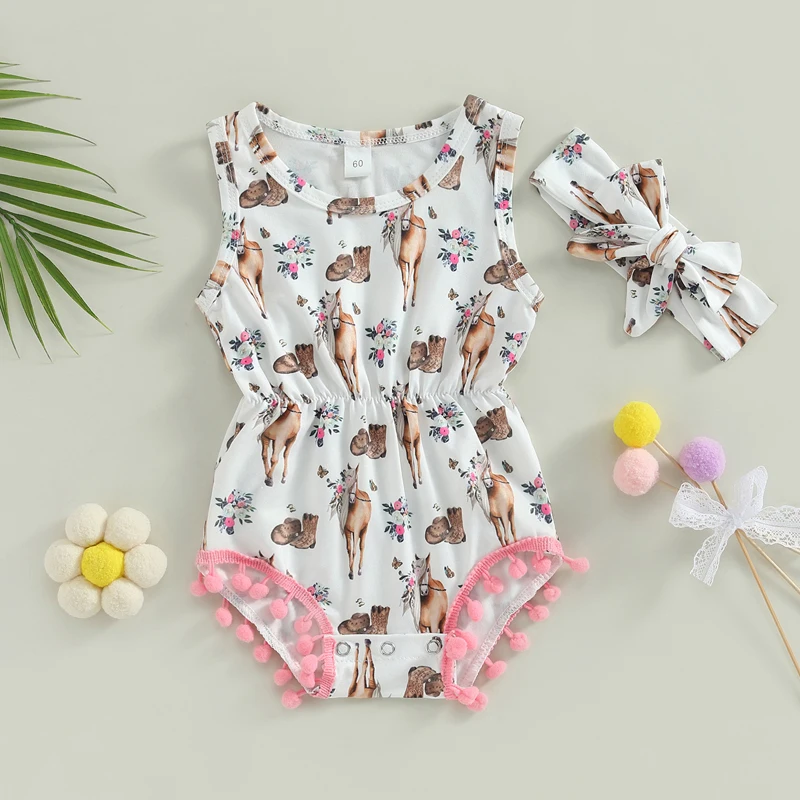 

0-18M Toddler Baby Girls Romper Sets Newborn 2023 New Summer Casual Sleeveless Round Neck Tassels Short Playsuit with Headband