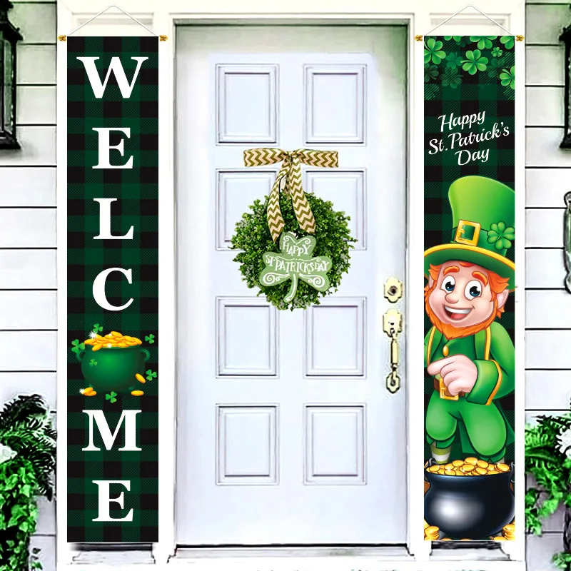 Happy St.Patrick’s Day Flag Porch Hanging Banner 1 Pair Gold Coin Clover Digital Printed Polyester Tapestry Holiday Party Decor
