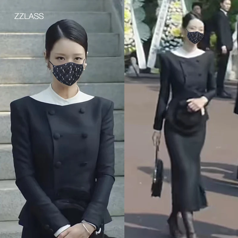 

Черный приталенный деловой костюм-двойка: пиджак и юбка-русалка (комплект Eve Xu RuiZhi) – женский деловой костюм в западном стиле, малый размер