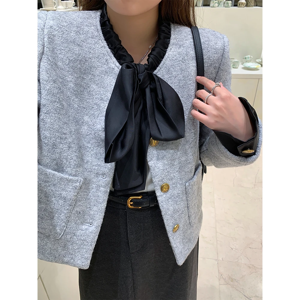 

ay Small Fraance Sle Coat Beer Nine Bow Tie Coat Pure Color Fluffy Regular Length Straight pe Women's Jaet