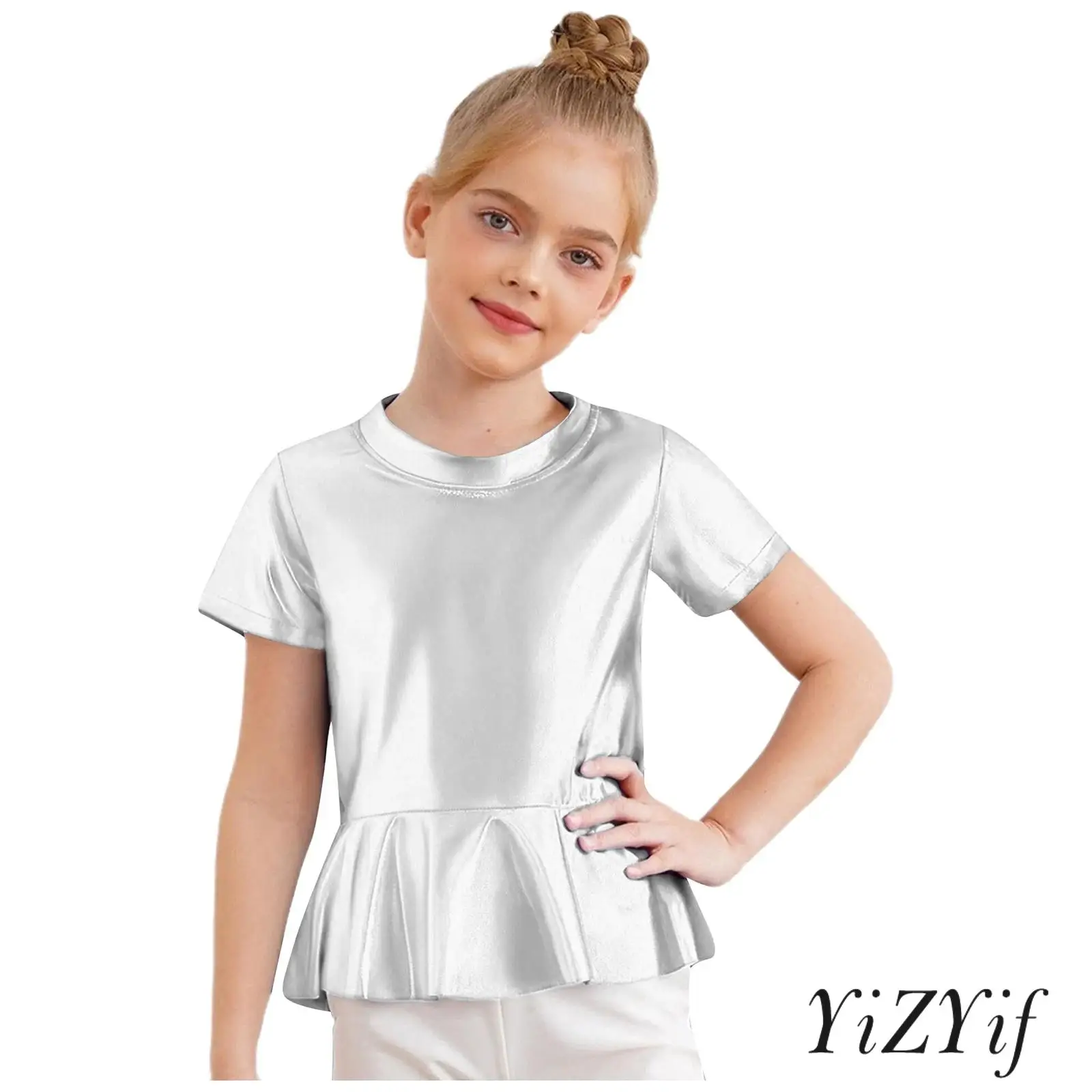 

Children Girls Cheerleading Jazz Dance Clothing Summer Fashion Metallic Peplum Top Hip-hop Street Dance Style T-shirt