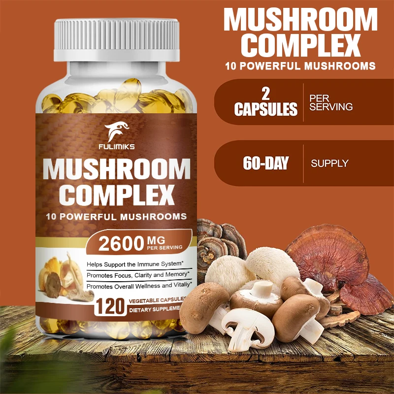 10x Mushroom Complex Capsules with Lions Mane, Chaga, Reishi, Cordyceps For Men&Women Relief Stress Dietary Supplement Capsules