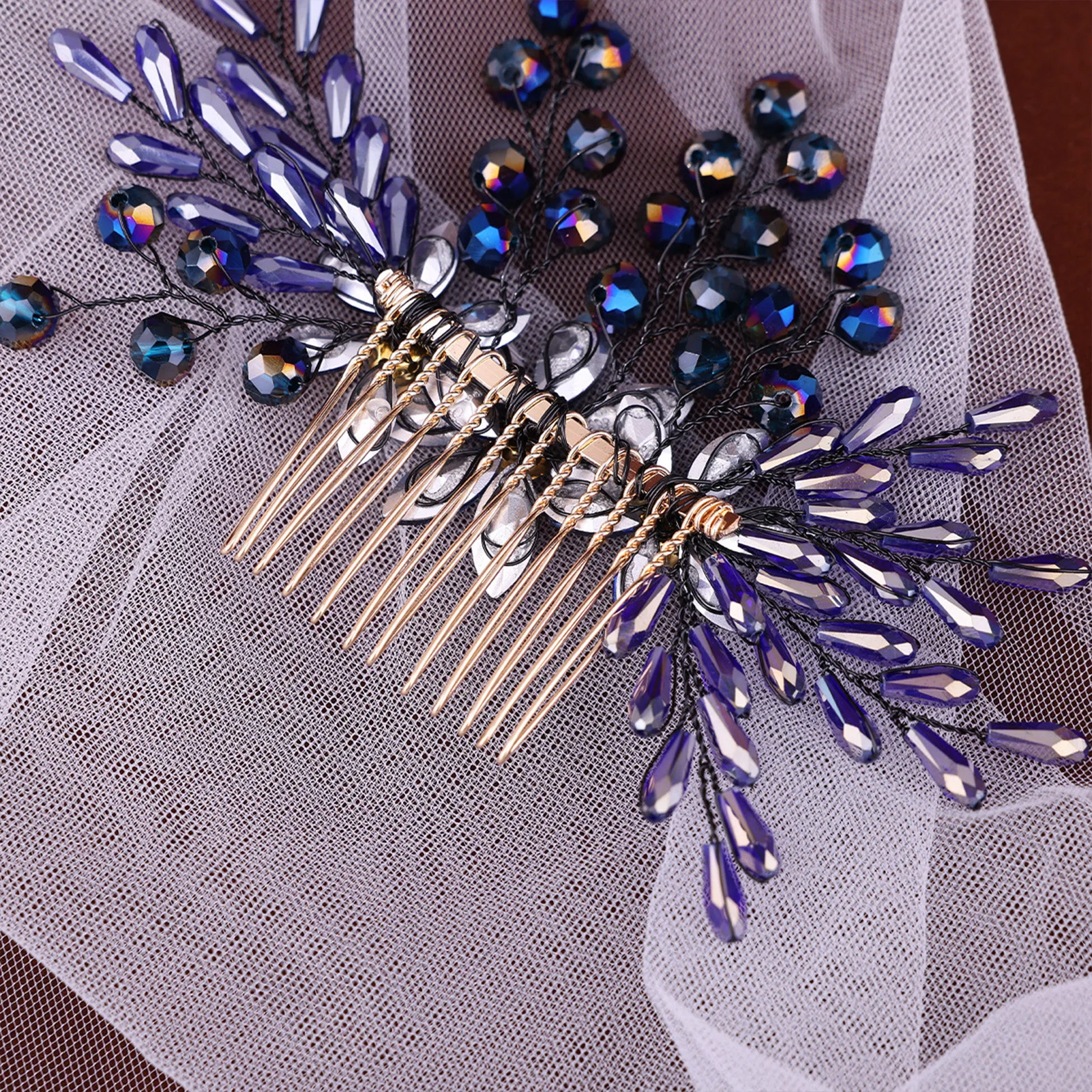 دبوس شعر على شكل حرف U مع مشط شعر ضيف الزفاف إكسسوارات الشعر الأزرق حجر الراين الخرز مشبك شعر أزياء الزفاف التيجان أغطية الرأس #5