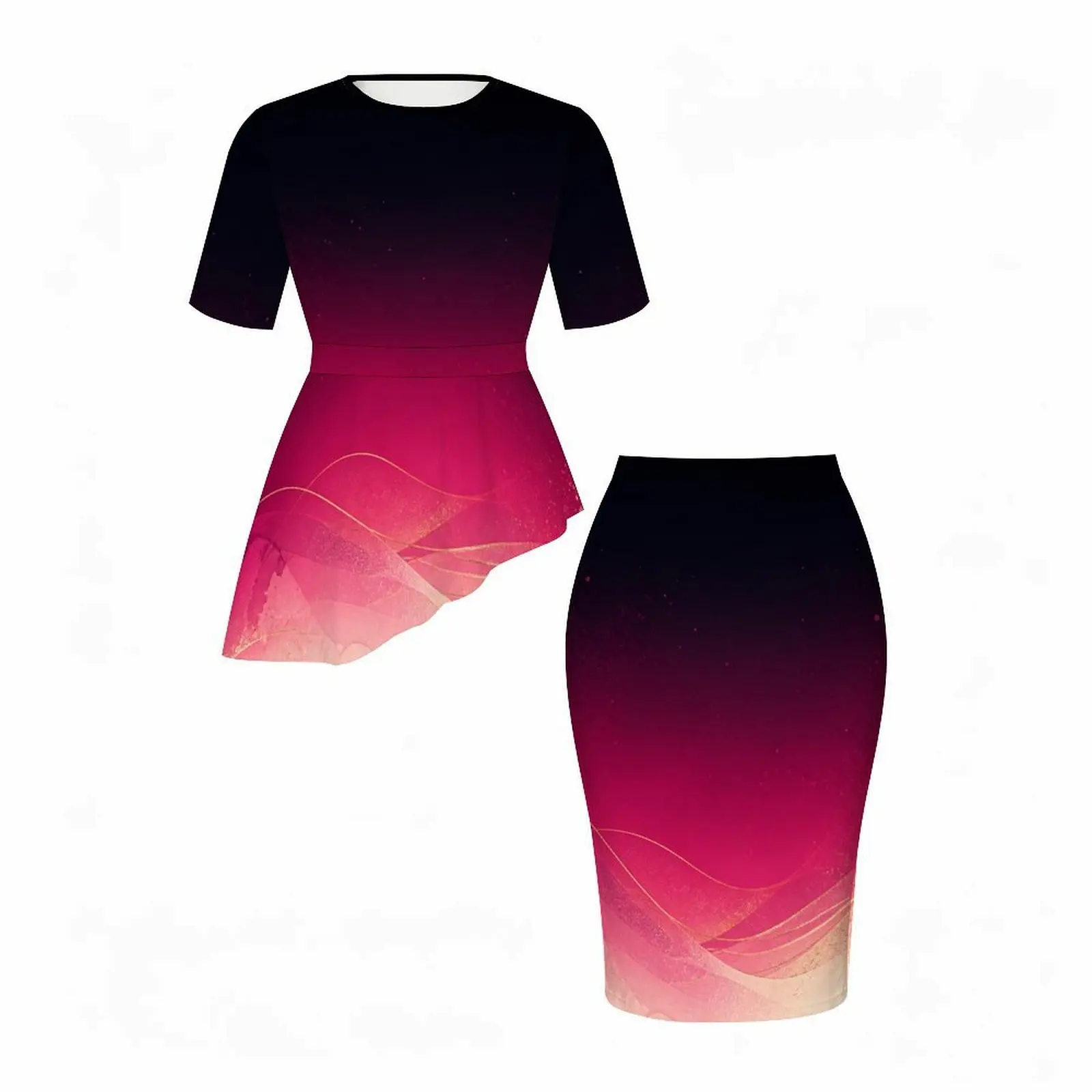 Women Black Red Pink Gradient Abstract Printed Round Neck Asymmetric Top and Fitted Skirt Two Piece Set